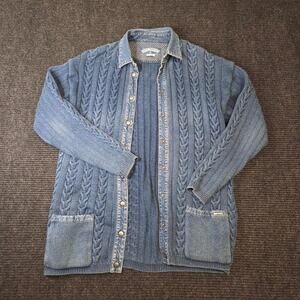 Vintage Cable Knit Denim Detail Cardigan 90s XL Oversized